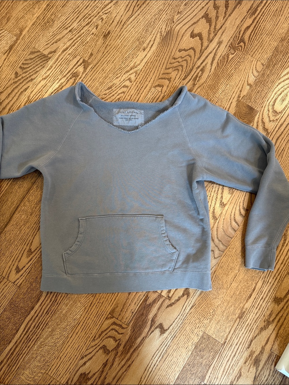 Nili Lotan Raw Edge V-Neck Light Gray Pullover Sweatshirt, Kangaroo Pocket, S.